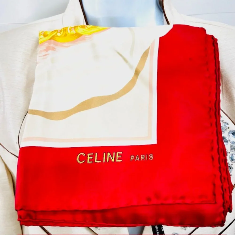 Vintage Celine Paris 100% Silk Scarf Satin 34" Red beich peach pink gold  (35) - Picture 10 of 16